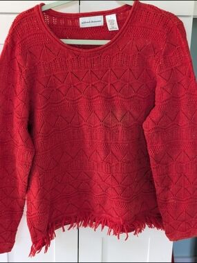 Alfred Dunner Bright Red Open-Knit Fringe Hem Scoop Neck Sweater